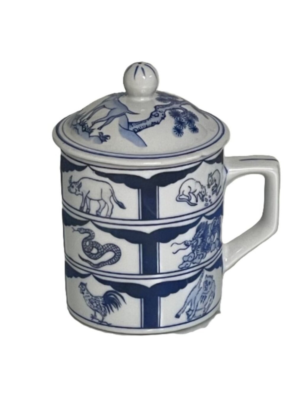 Vintage Blue and White Porcelain Lidded Tea Mug Cup Chinese Zodiac Calendar